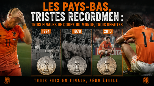 Visuel dramatique sur les Pays-Bas en Coupe du Monde, avec joueurs en maillot orange, trois finales perdues en 1974, 1978 et 2010, et ambiance de défaite historique.
