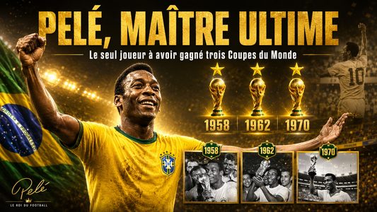 Visuel hommage à Pelé en maillot du Brésil, célébrant ses trois victoires en Coupe du Monde en 1958, 1962 et 1970, symbole ultime de légende du football.