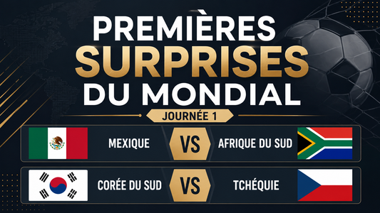 Affiche « Premières Surprises du Mondial » présentant les rencontres Mexique–Afrique du Sud et Corée du Sud–Tchéquie avec les drapeaux des quatre pays.
