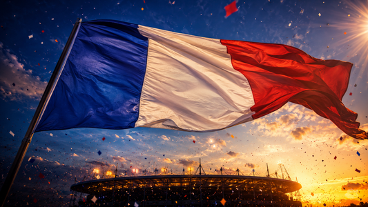 Drapeau France XXL flottant dans la lumière dorée au-dessus d'un stade lors de la Coupe du Monde 2026