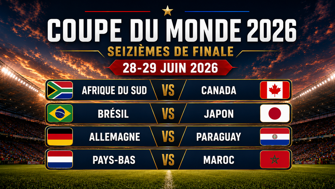 Affiche des seizièmes de finale du Mondial 2026, datée des 28 et 29 juin, avec Afrique du Sud-Canada, Brésil-Japon, Allemagne-Paraguay et Pays-Bas-Maroc.