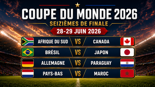 Affiche des seizièmes de finale du Mondial 2026, datée des 28 et 29 juin, avec Afrique du Sud-Canada, Brésil-Japon, Allemagne-Paraguay et Pays-Bas-Maroc.