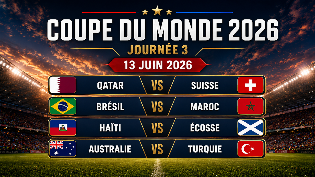 Affiche de la journée 3 de la Coupe du Monde 2026, datée du 13 juin 2026, avec les drapeaux et les rencontres Qatar-Suisse, Brésil-Maroc, Haïti-Écosse et Australie-Turquie sur un fond de stade illuminé.