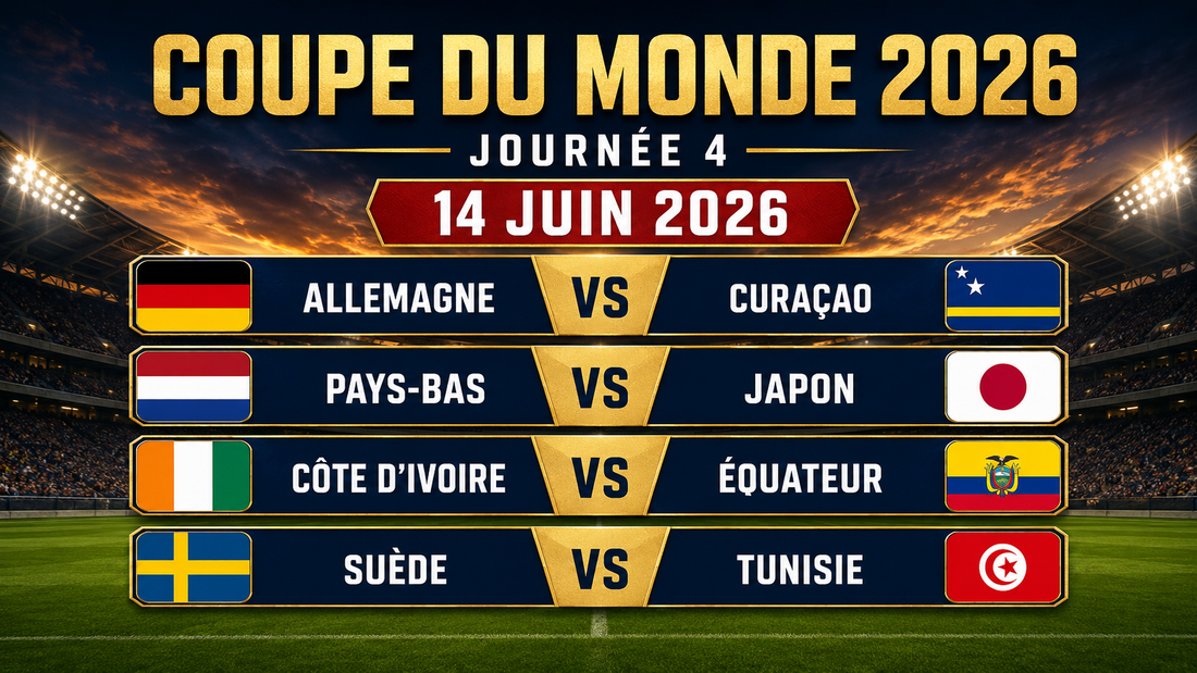 Affiche de la journée 4 de la Coupe du Monde 2026, datée du 14 juin 2026, avec les drapeaux et les rencontres Allemagne-Curaçao, Pays-Bas-Japon, Côte d’Ivoire-Équateur et Suède-Tunisie sur un fond de stade illuminé.