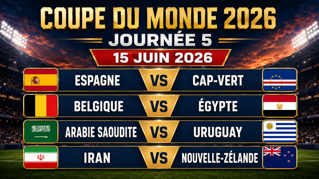 Affiche de la journée 5 de la Coupe du Monde 2026, datée du 15 juin 2026, avec les drapeaux et les rencontres Espagne-Cap-Vert, Belgique-Égypte, Arabie saoudite-Uruguay et Iran-Nouvelle-Zélande sur un fond de stade illuminé.