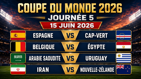 Affiche de la journée 5 de la Coupe du Monde 2026, datée du 15 juin 2026, avec les drapeaux et les rencontres Espagne-Cap-Vert, Belgique-Égypte, Arabie saoudite-Uruguay et Iran-Nouvelle-Zélande sur un fond de stade illuminé.