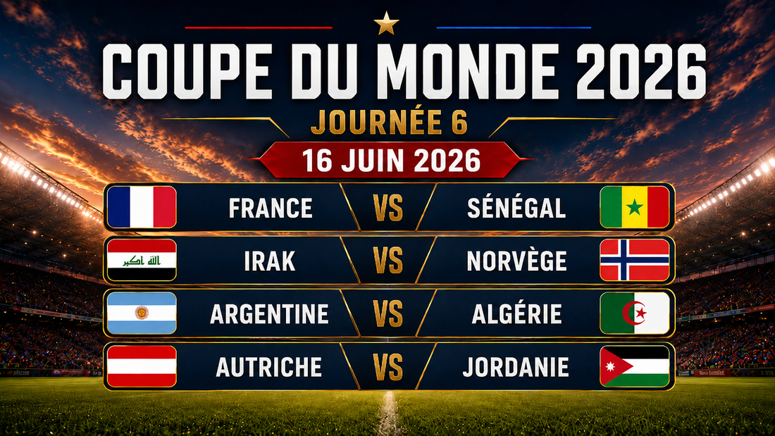 Affiche de la journée 6 de la Coupe du Monde 2026, datée du 16 juin 2026, avec les drapeaux et les rencontres France-Sénégal, Irak-Norvège, Argentine-Algérie et Autriche-Jordanie sur un fond de stade illuminé.
