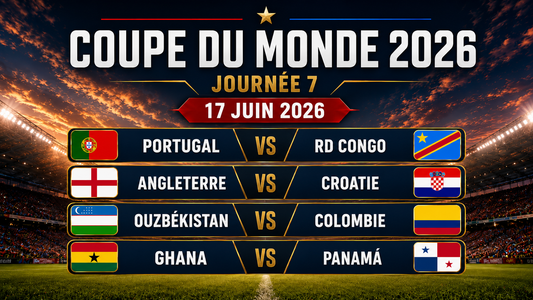 Affiche de la journée 7 de la Coupe du Monde 2026, datée du 17 juin 2026, avec les drapeaux et les rencontres Portugal-RD Congo, Angleterre-Croatie, Ouzbékistan-Colombie et Ghana-Panama sur un fond de stade illuminé.