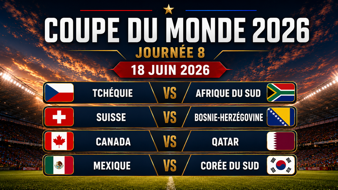 Affiche de la journée 8 de la Coupe du Monde 2026, datée du 18 juin 2026, avec les drapeaux et les rencontres Tchéquie-Afrique du Sud, Suisse-Bosnie-Herzégovine, Canada-Qatar et Mexique-Corée du Sud sur un fond de stade illuminé.