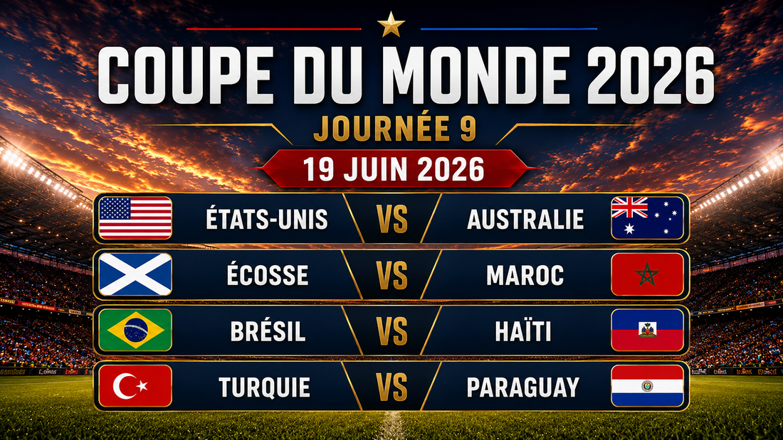 Affiche de la journée 9 de la Coupe du Monde 2026, datée du 19 juin 2026, avec les drapeaux et les rencontres États-Unis-Australie, Écosse-Maroc, Brésil-Haïti et Turquie-Paraguay sur un fond de stade illuminé.