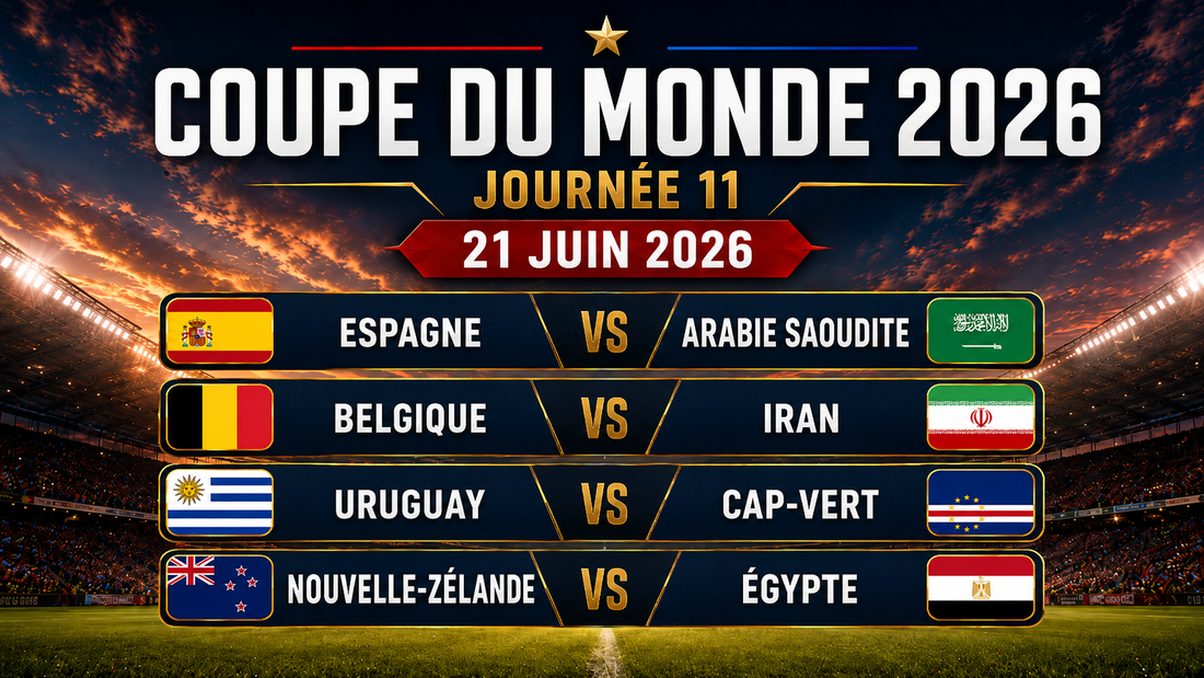 Affiche de la journée 11 de la Coupe du Monde 2026, datée du 21 juin 2026, avec les drapeaux et les rencontres Espagne-Arabie saoudite, Belgique-Iran, Uruguay-Cap-Vert et Nouvelle-Zélande-Égypte sur un fond de stade illuminé.