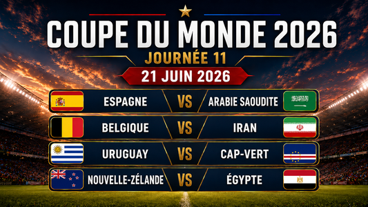 Affiche de la journée 11 de la Coupe du Monde 2026, datée du 21 juin 2026, avec les drapeaux et les rencontres Espagne-Arabie saoudite, Belgique-Iran, Uruguay-Cap-Vert et Nouvelle-Zélande-Égypte sur un fond de stade illuminé.
