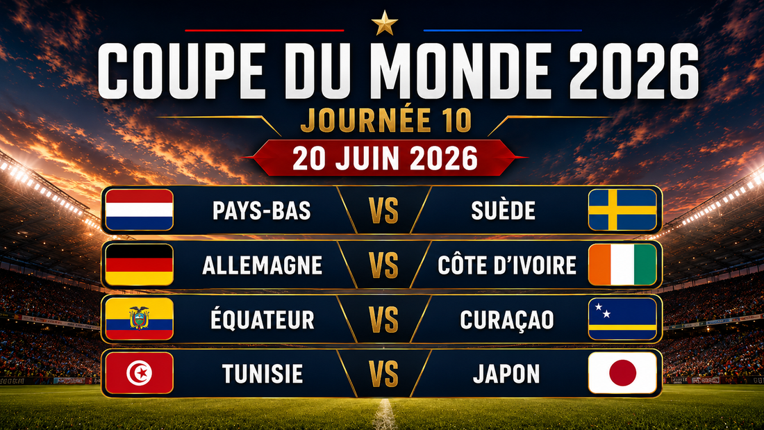 Affiche de la journée 10 de la Coupe du Monde 2026, datée du 20 juin 2026, avec les drapeaux et les rencontres Pays-Bas-Suède, Allemagne-Côte d’Ivoire, Équateur-Curaçao et Tunisie-Japon sur un fond de stade illuminé.
