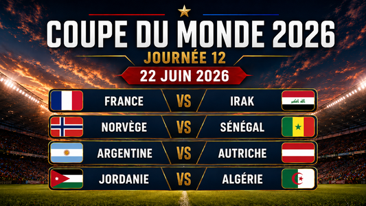 Affiche de la journée 12 de la Coupe du Monde 2026, datée du 22 juin 2026, avec les drapeaux et les rencontres France-Irak, Norvège-Sénégal, Argentine-Autriche et Jordanie-Algérie sur un fond de stade illuminé.