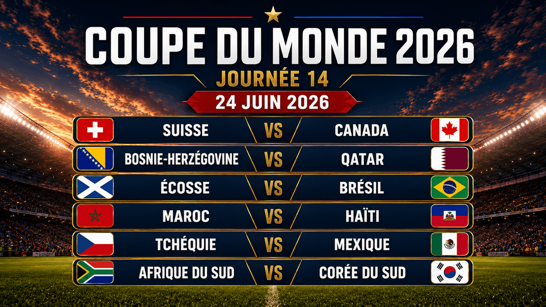 Affiche de la journée 14 du Mondial 2026 avec Suisse-Canada, Écosse-Brésil, Maroc-Haïti et les autres matchs du 24 juin.