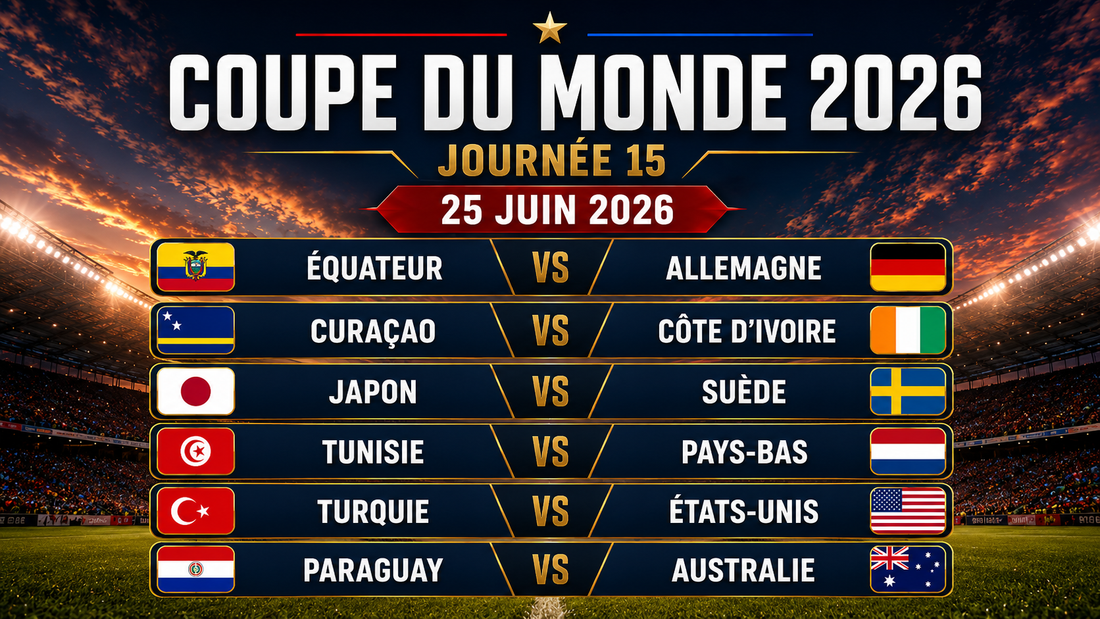 Affiche de la journée 15 du Mondial 2026 avec Équateur-Allemagne, Japon-Suède, Turquie-États-Unis et les autres matchs du 25 juin.