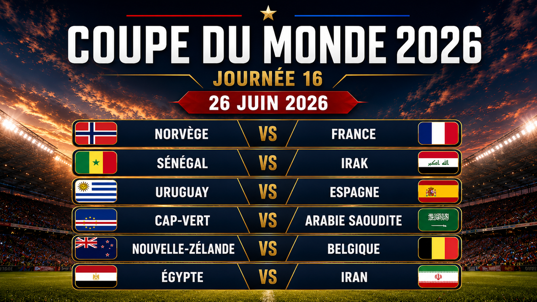 Affiche de la journée 16 du Mondial 2026 avec Norvège-France, Uruguay-Espagne, Nouvelle-Zélande-Belgique et les autres matchs du 26 juin.