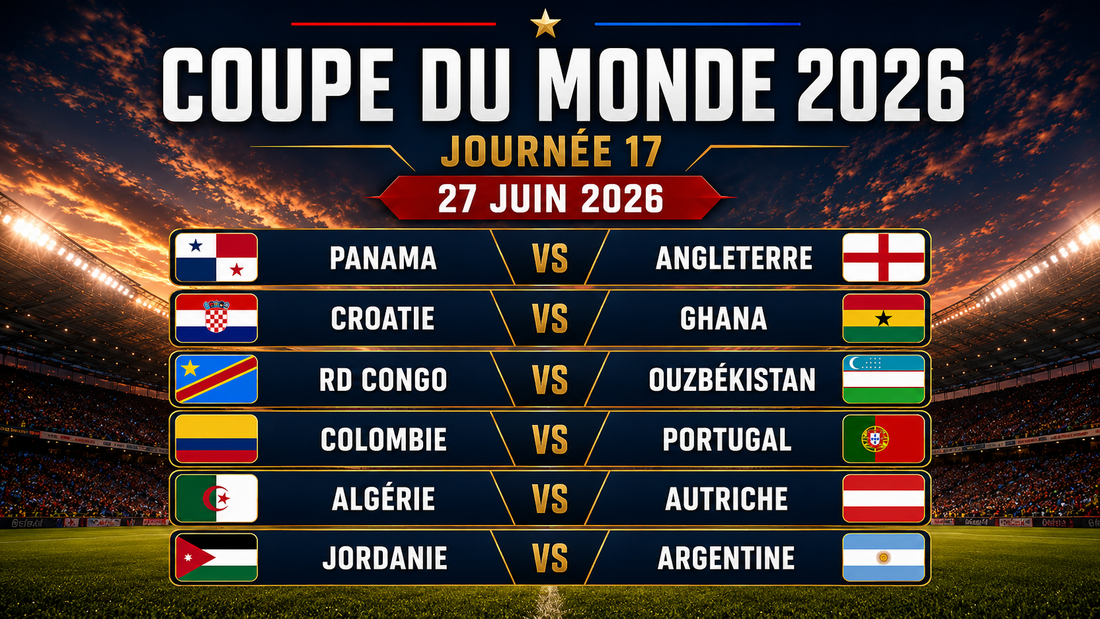 Affiche de la journée 17 du Mondial 2026 avec Panama-Angleterre, Colombie-Portugal, Jordanie-Argentine et les autres matchs du 27 juin.