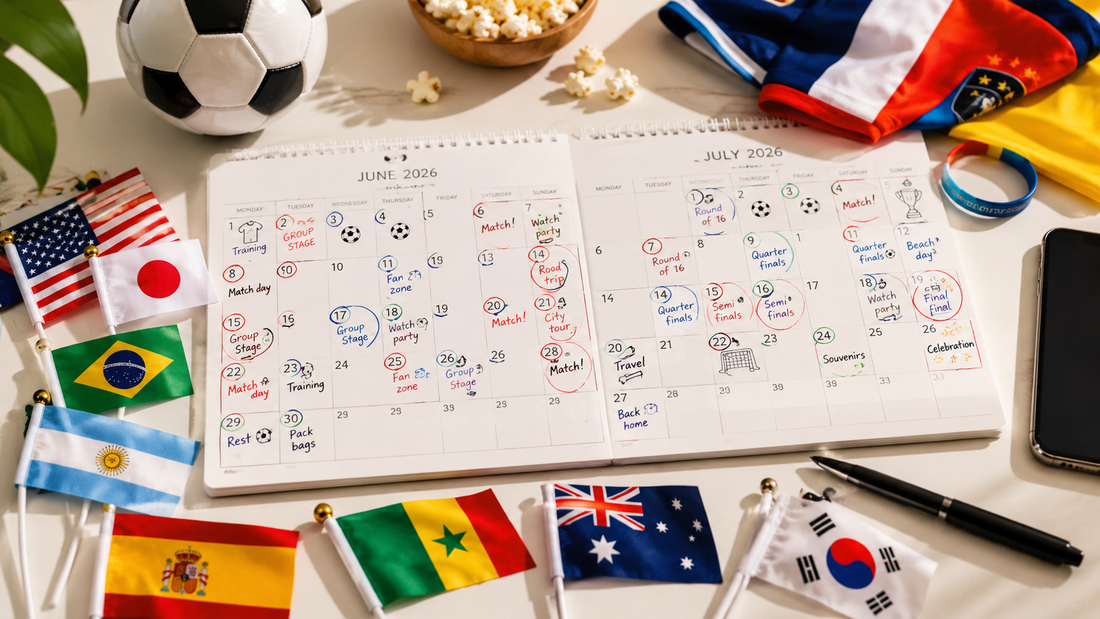 Calendrier juin-juillet 2026 avec dates de matchs entourées, mini drapeaux internationaux, ballon de football et accessoires supporter pour la Coupe du Monde.
