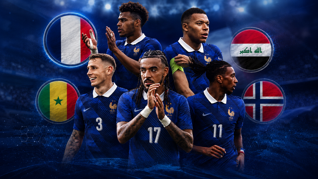 Équipe de France de football en maillot bleu avec les drapeaux de la France, du Sénégal, de l’Irak et de la Norvège, visuel d’article sur le groupe des Bleus en Coupe du Monde 2026.