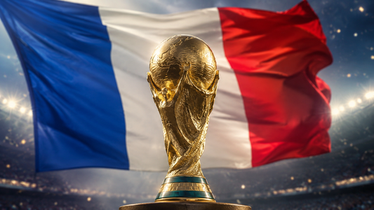 Trophée de la coupe du monde avec le drapeau français en arrière plan 