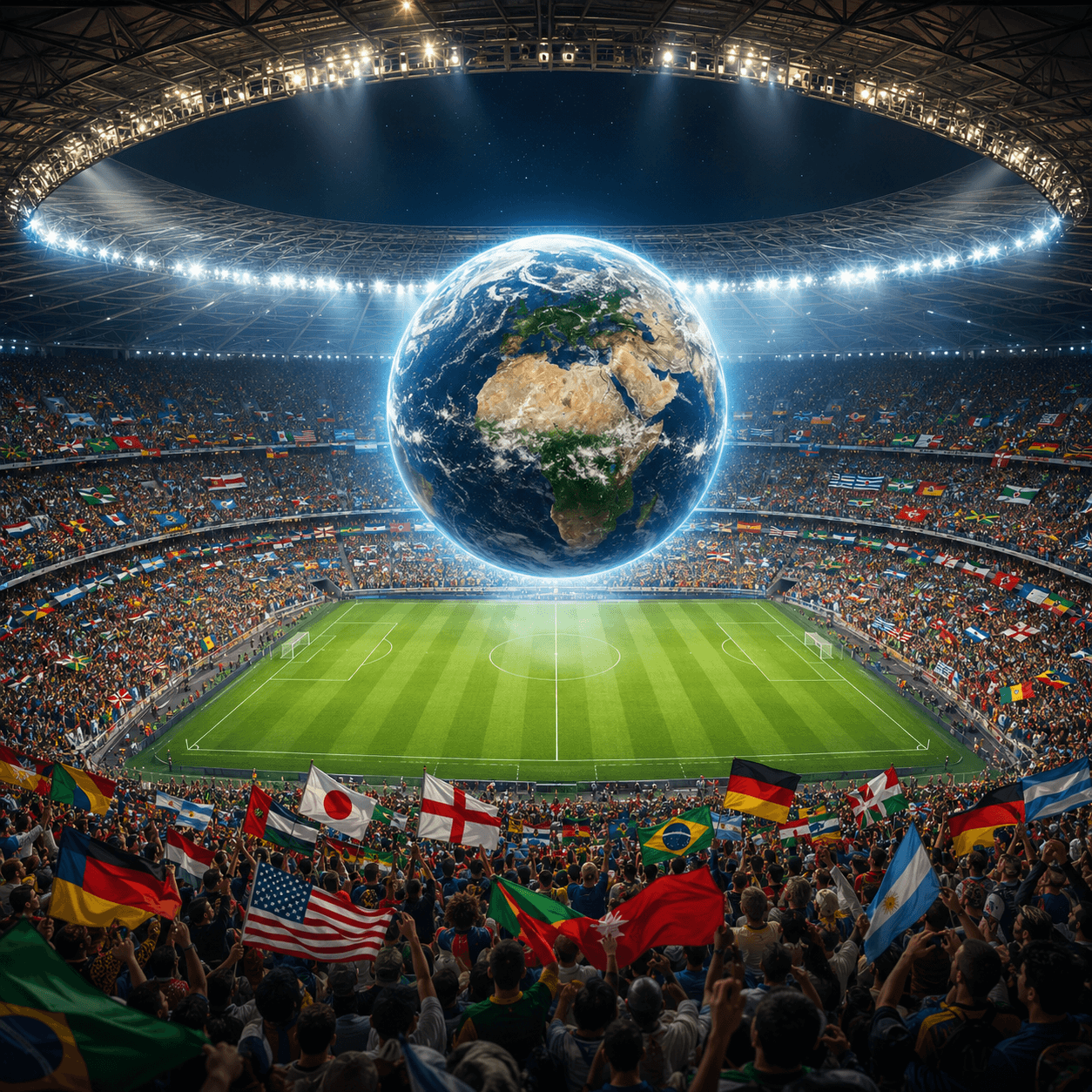 Stade de football rempli de supporters avec les drapeaux des nations dans les tribunes et la planète Terre flottant au centre du stade pour illustrer la Coupe du Monde 2026